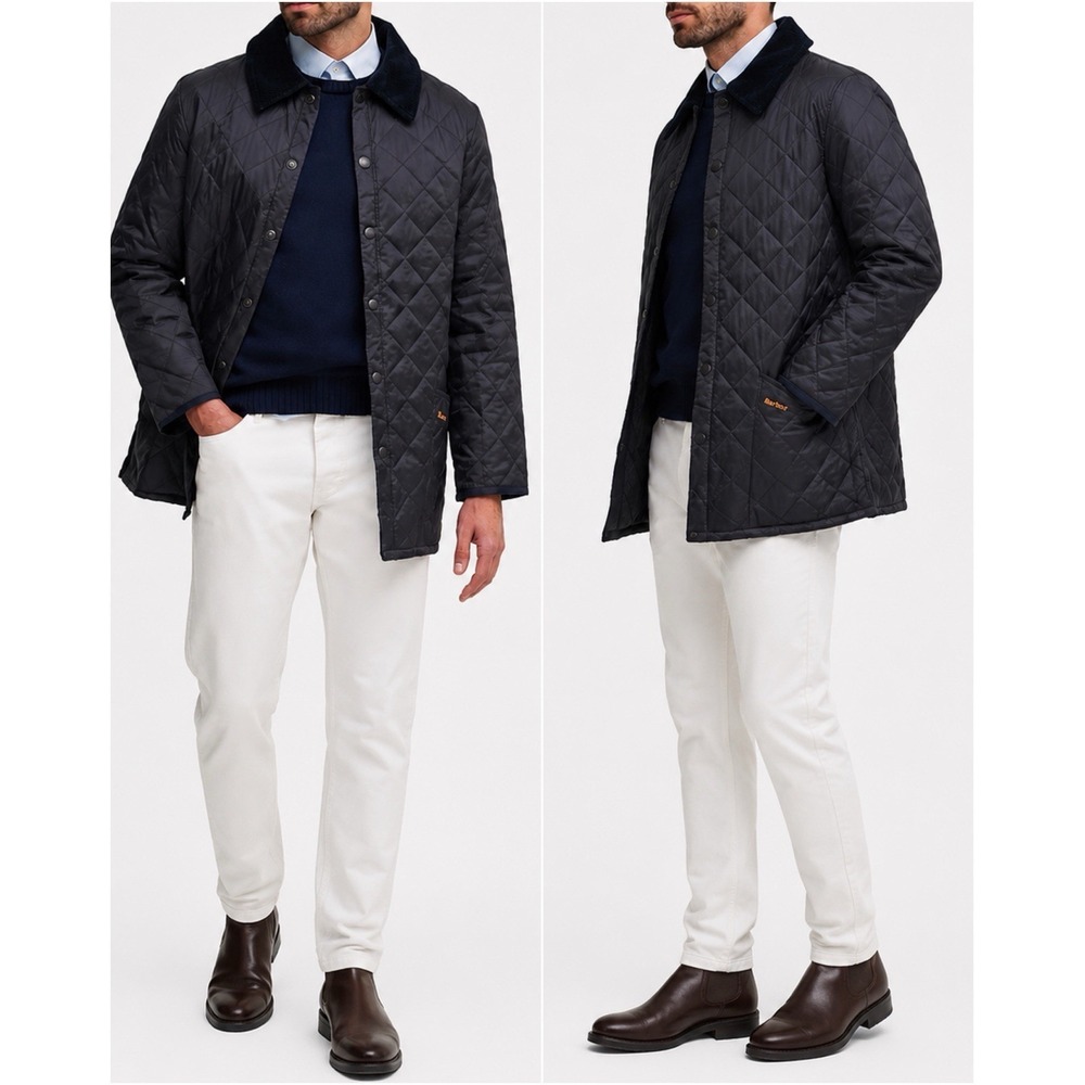 Barbour Liddesdale Quilted Jacket Men's Large Navy Corduroy Collar Snap Coat